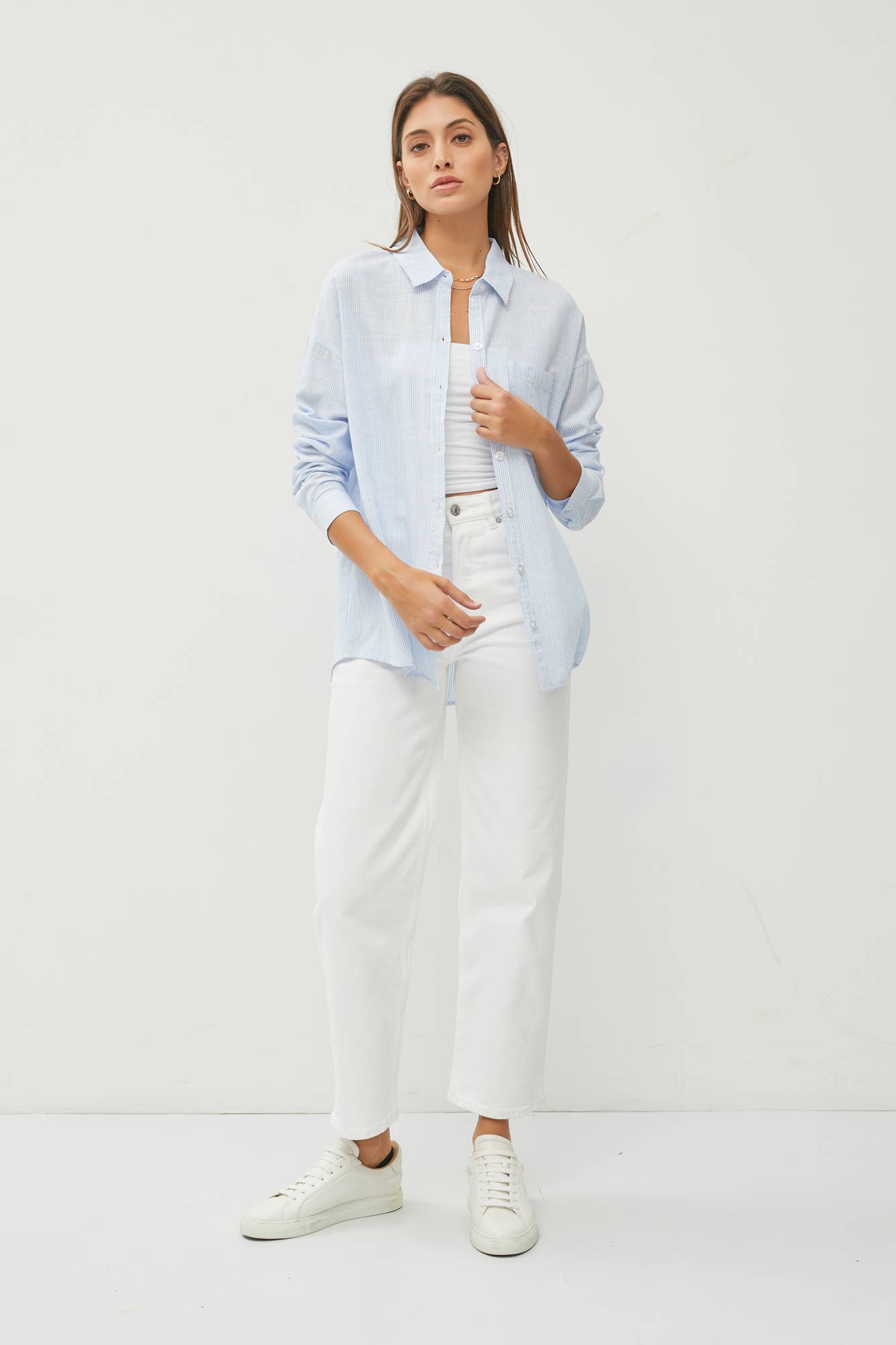 Classic Chambray Striped Button Up Top