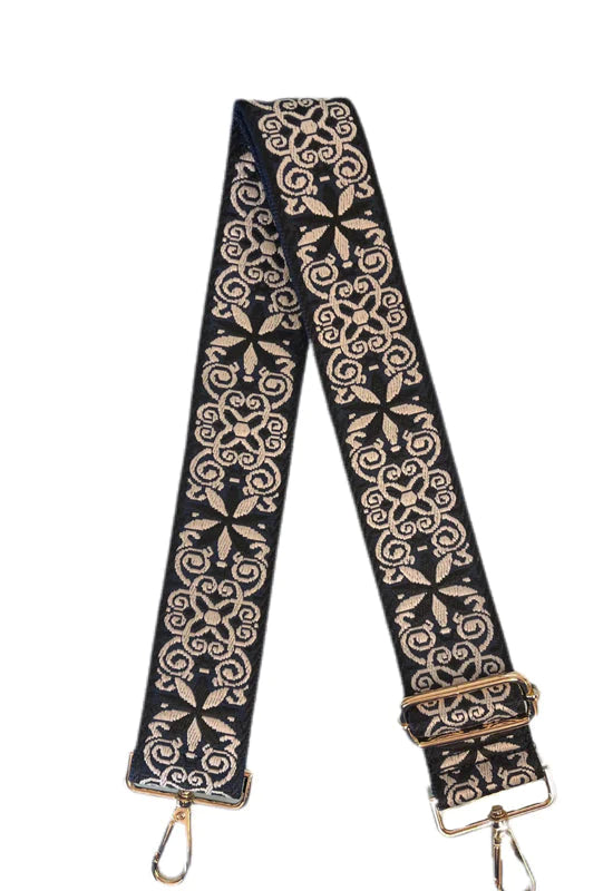 Embroidered Floral Adjustable Bag Strap -  Navy with Gold Hardware