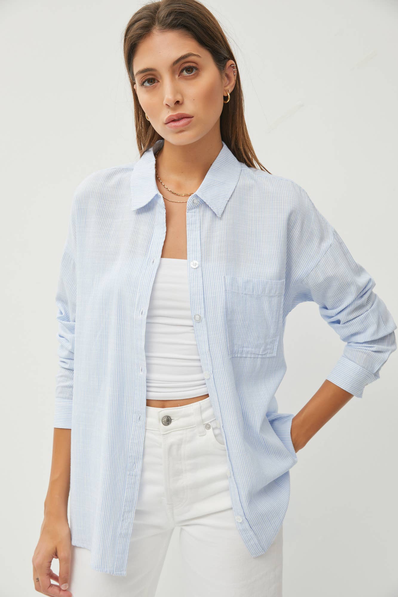 Classic Chambray Striped Button Up Top