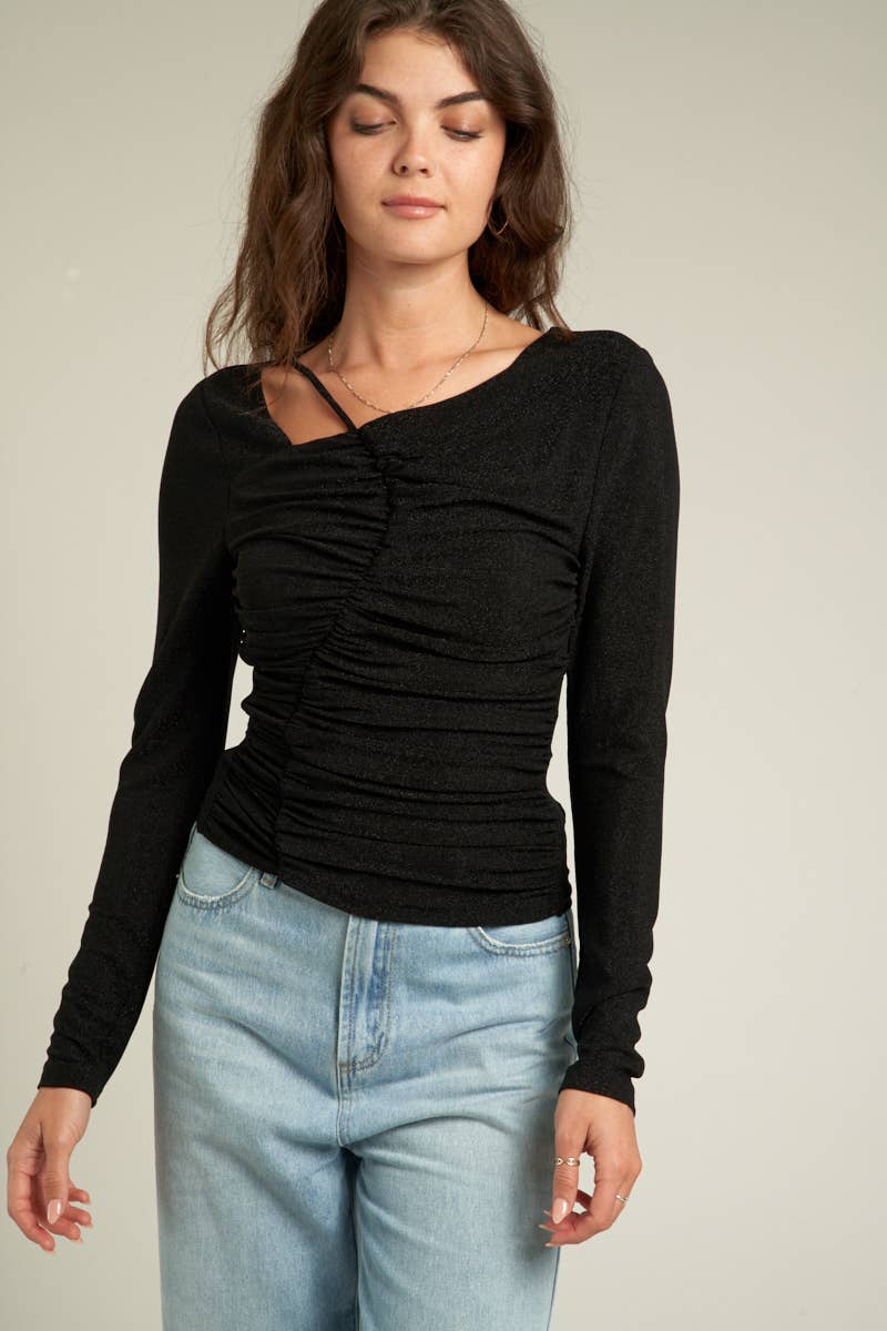 Long Sleeve Ruched Top with Neckline Detail