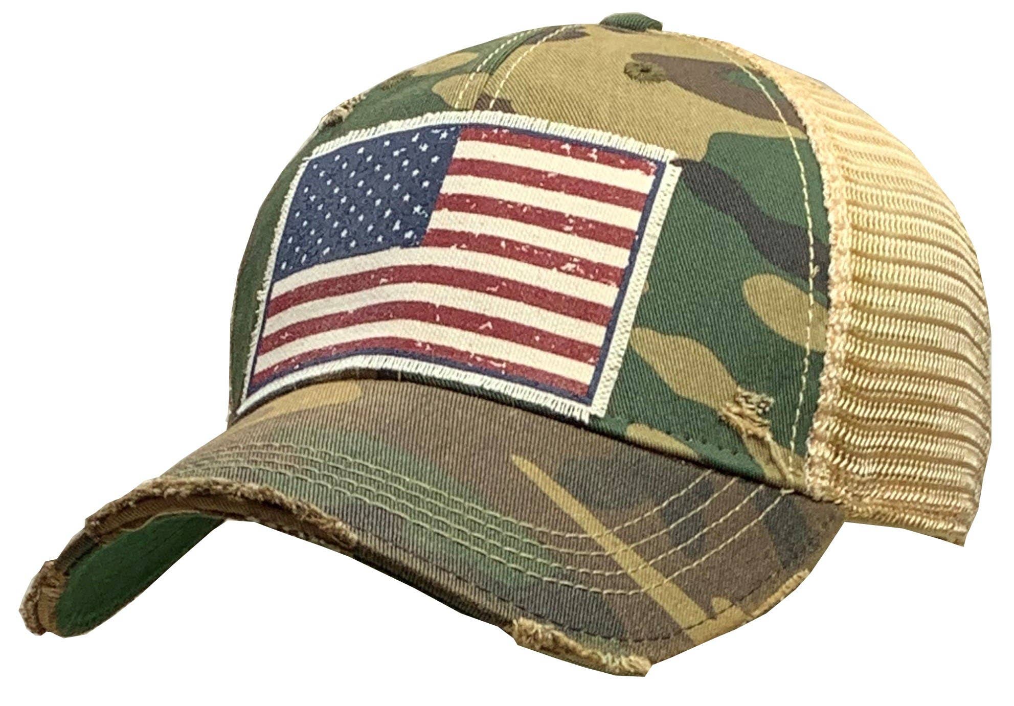 American Flag USA Distressed Camo Trucker Hat Baseball Cap