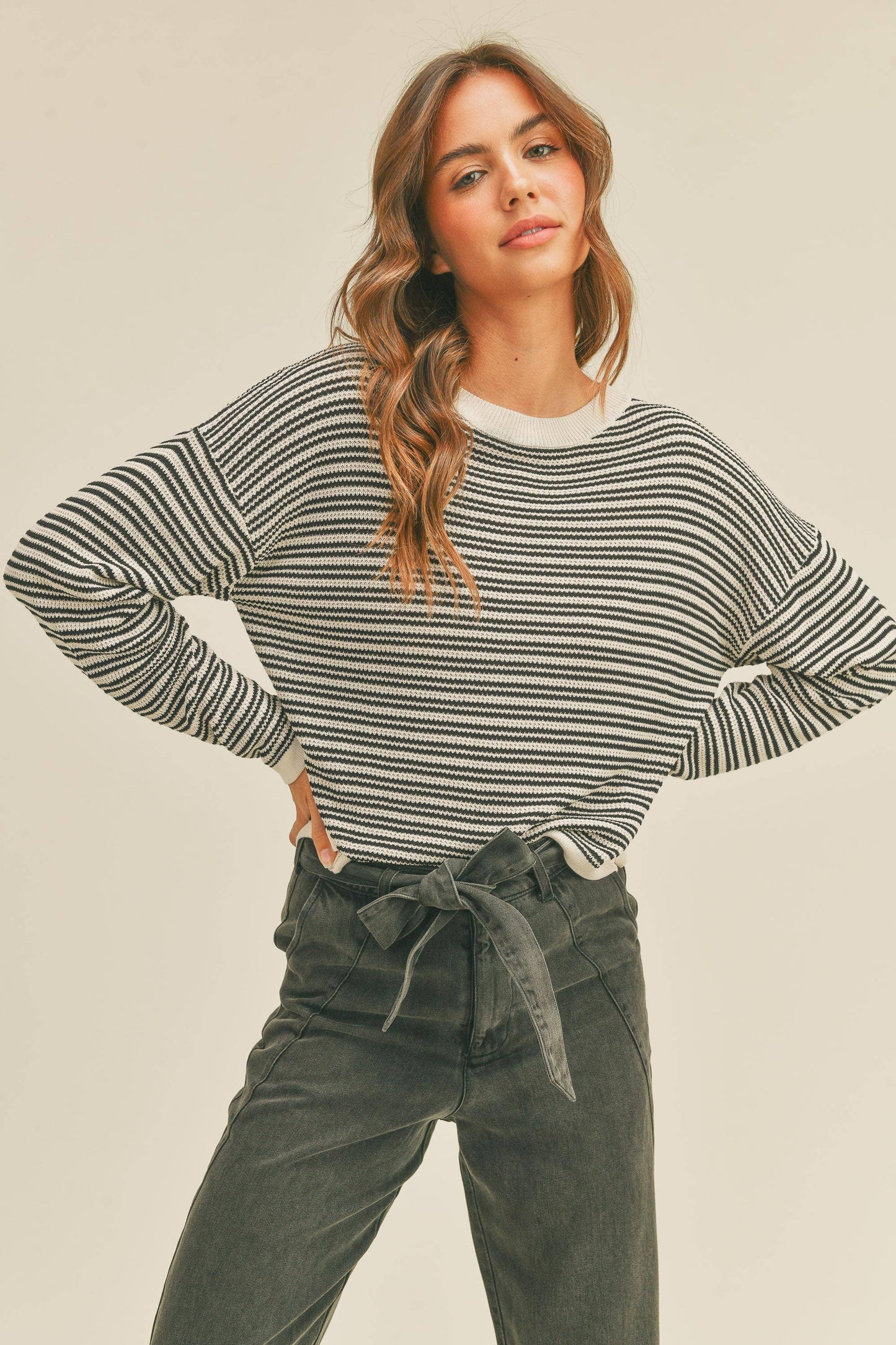 Black and Creme Stripe Crop Sweater